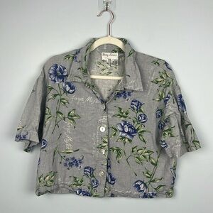 Betsy Lauren vintage linen blend floral cropped mother of pearl button down top
